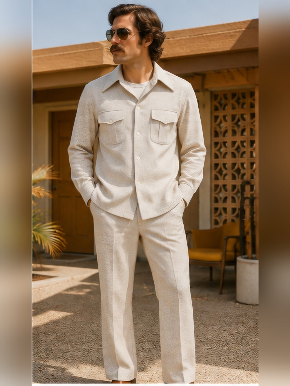 Vintage 70s Men’s Cream Leisure Suit 2PC Knit Shirt Pants Size L